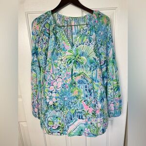Lilly Pulitzer Winsley Top Blouse Shirt House Floral Sz XL Extra Large